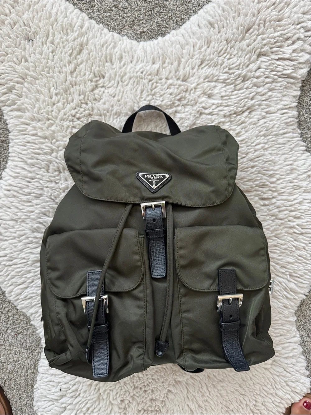 Prada Olive Nylon Backpack with Black Leather Trim
